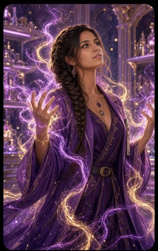 Woman in Purple Robe Emits Golden Magic Amid Glowing Potions