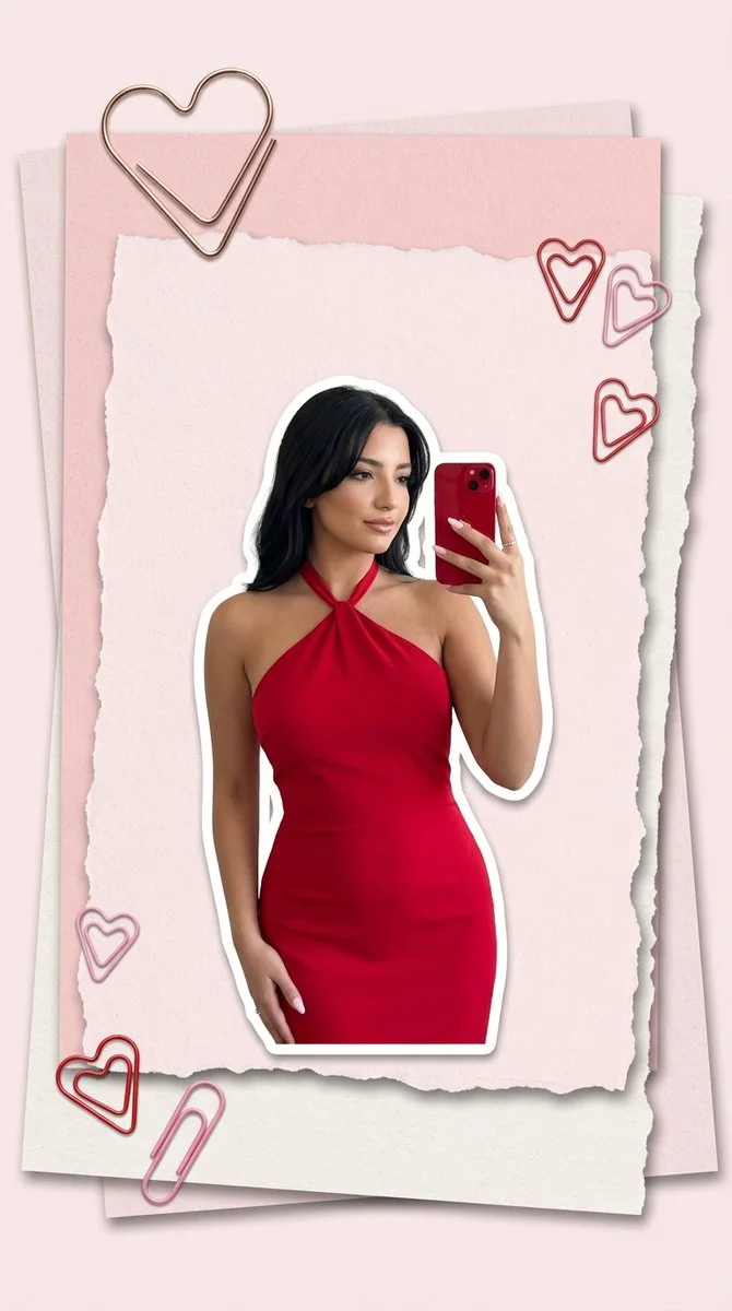 Woman in red dress poses for selfie on pink paper collage