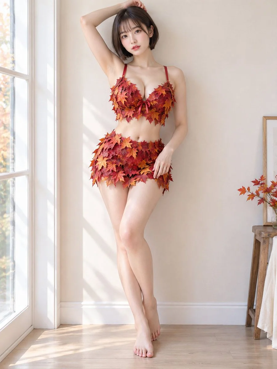 Woman in red maple leaf dress stands by sunny window