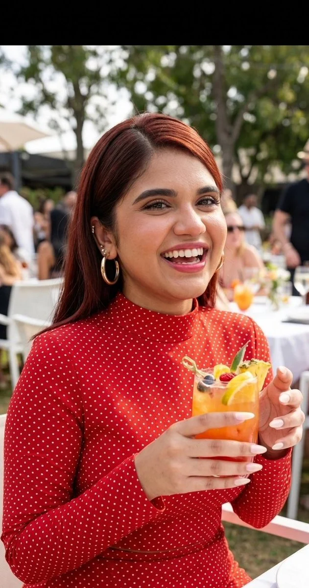 Woman in red polka dot outfit laughs while holding a colorful drink