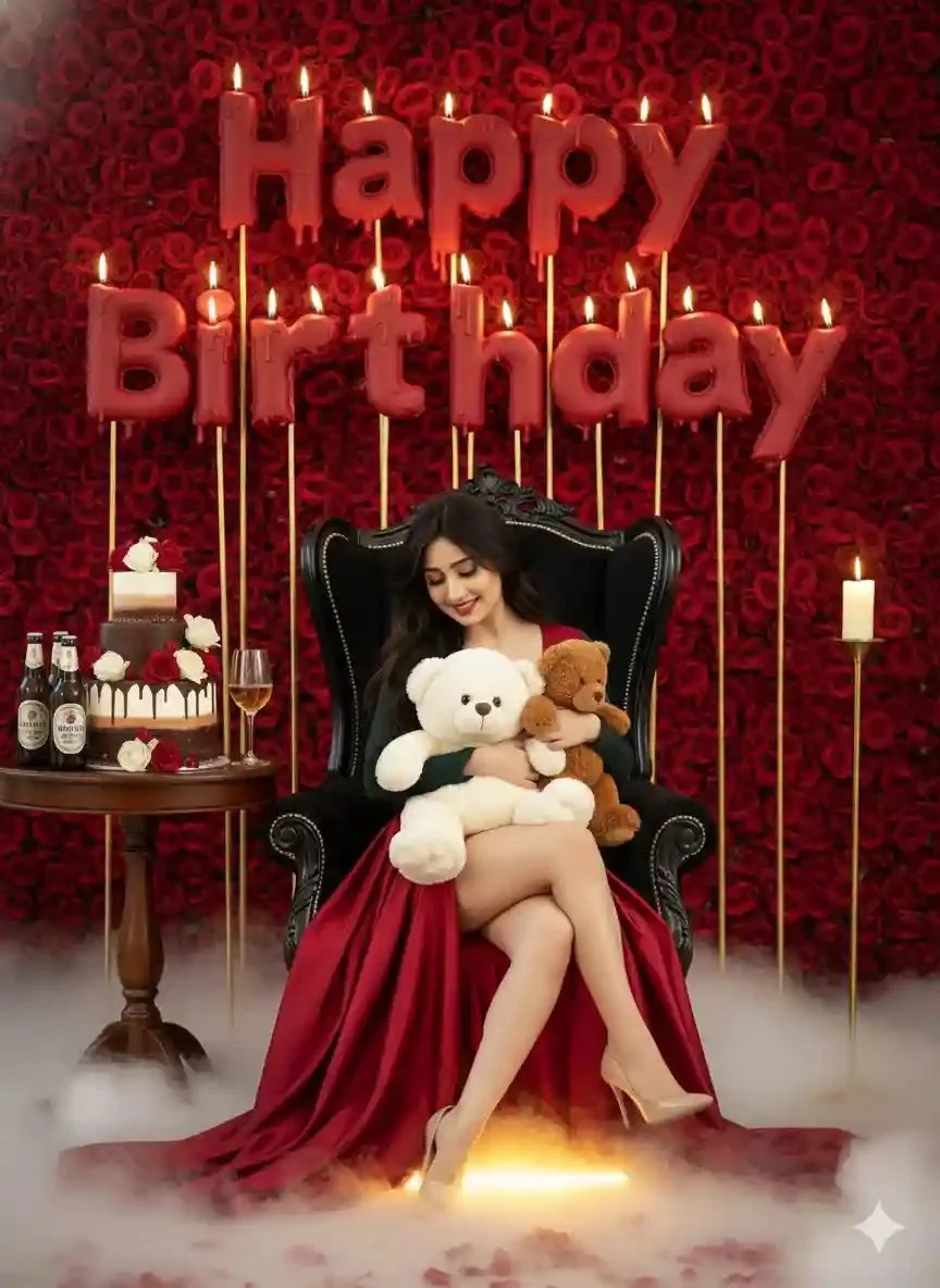 Woman in red satin gown celebrates birthday with melting candles