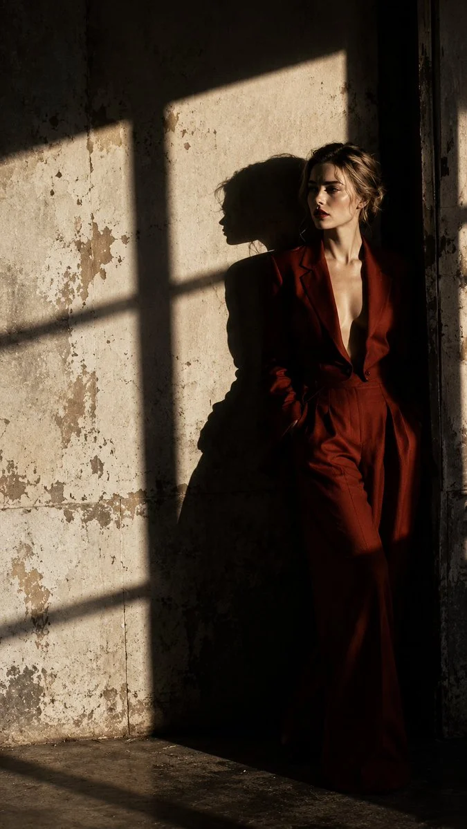 Woman in Rust Suit Stands Against Ivory Wall with Deep Shadow