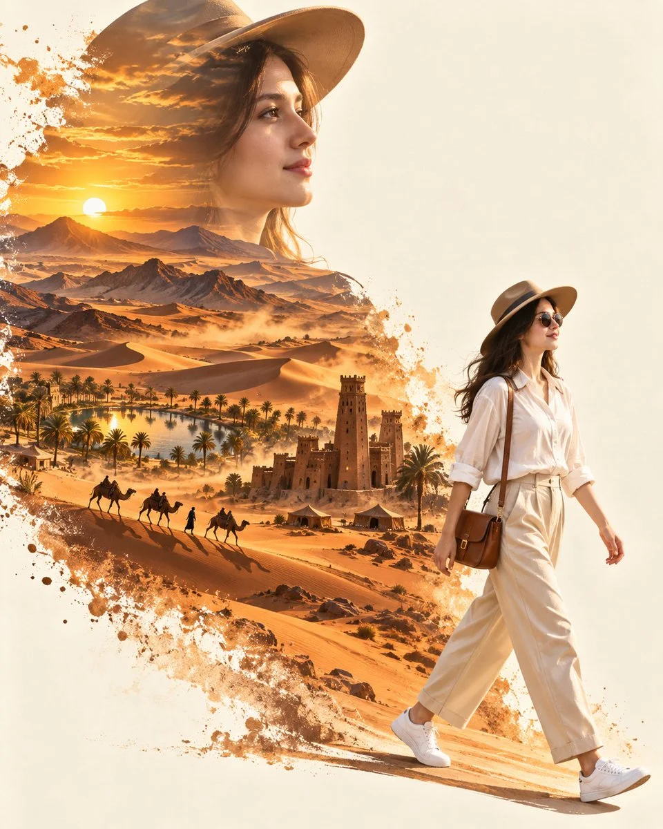Woman in Safari Hat Walks Through Golden Sahara Sunset Poster