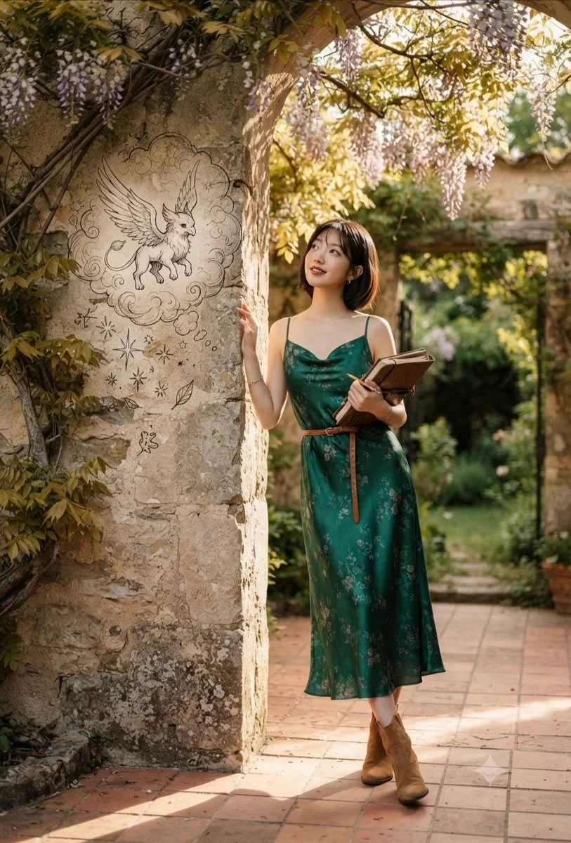 Woman in slip dress leans on ancient stone archway dreaming