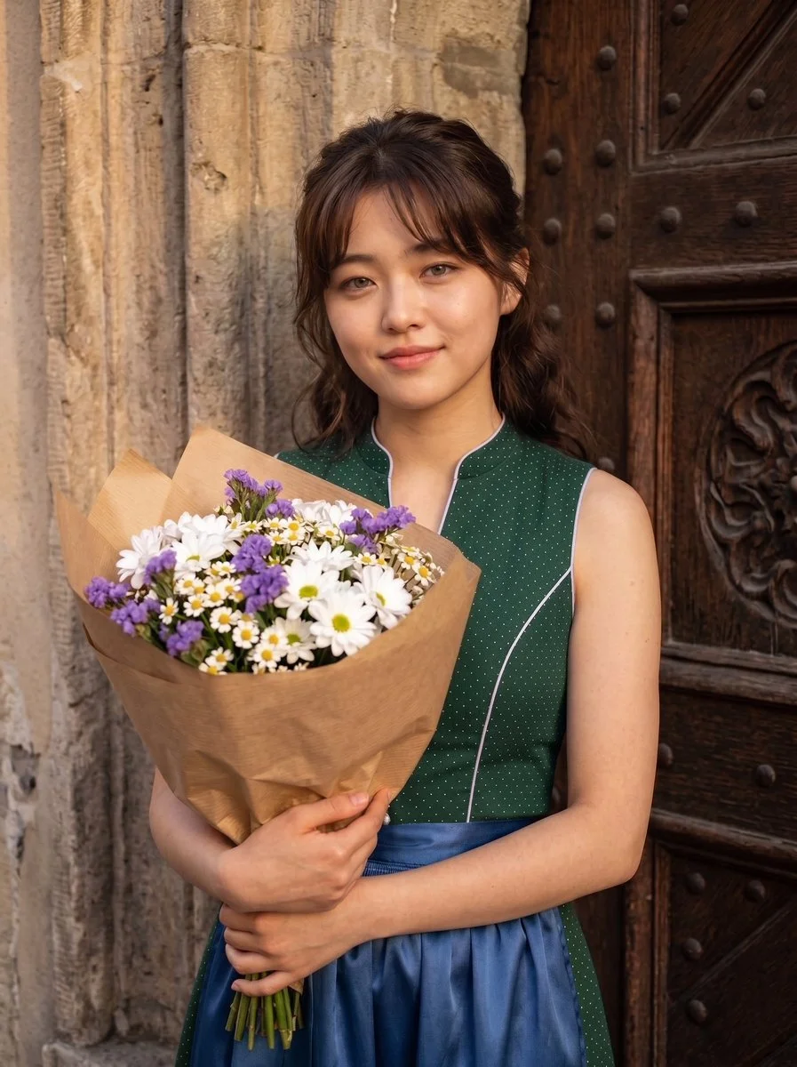 Woman in Teal Dirndl Holds Daisies Before Vintage Wooden Door