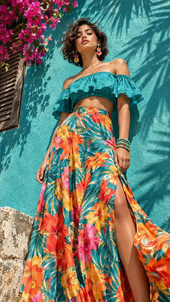 Woman in teal ruffled top poses against turquoise stucco wall
