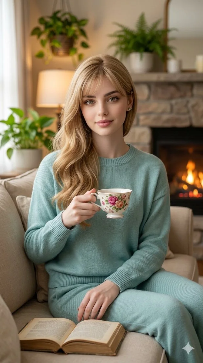 Woman in teal sweater reads book while holding teacup on sofa