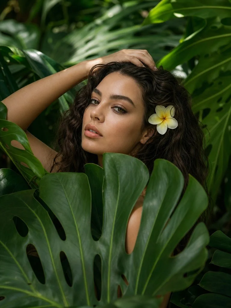 Woman in tropical foliage meets camera with confident gaze