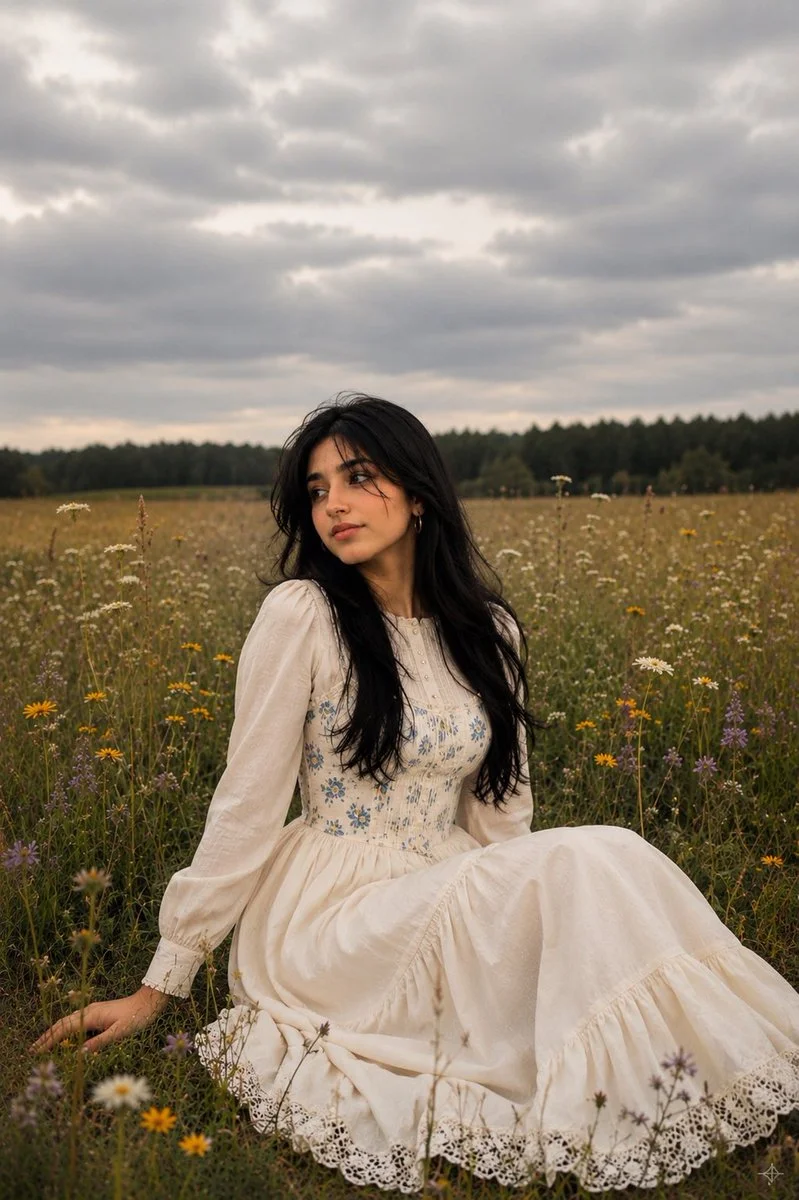 Woman in vintage ivory dress sits gracefully in wildflower meadow
