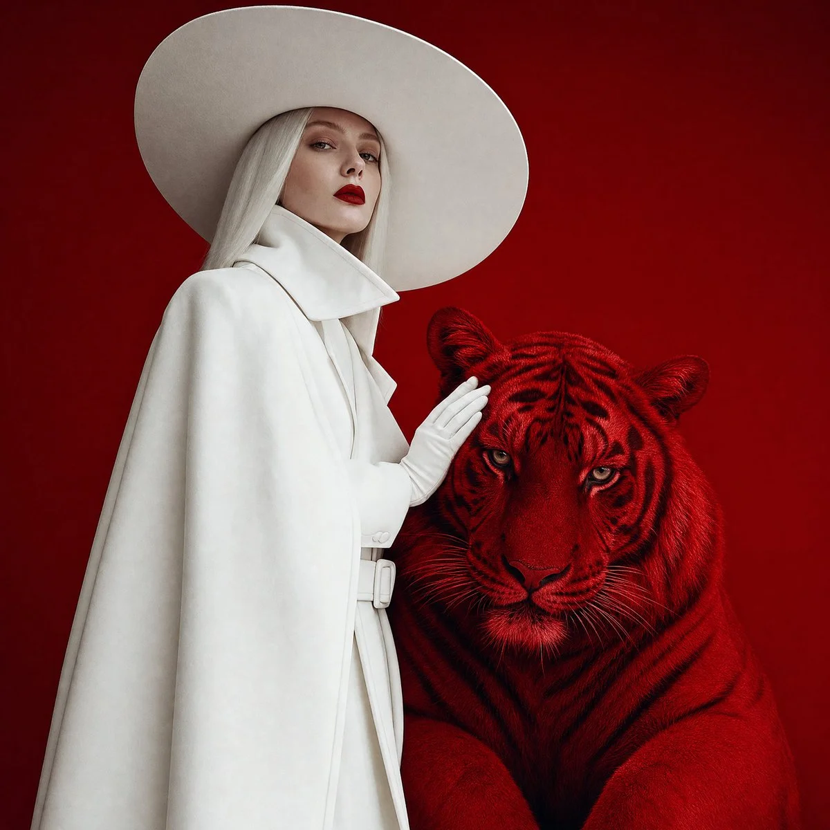 Woman in white coat faces a crimson tiger in red room