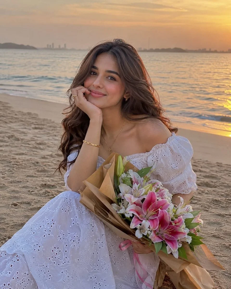 Woman in white dress holds lilies on sunset beach