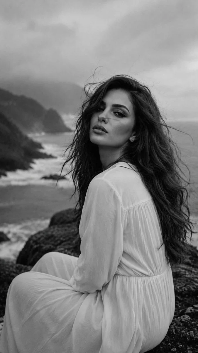 Woman in white dress sits on misty coastal rocks with wind-tossed hair.