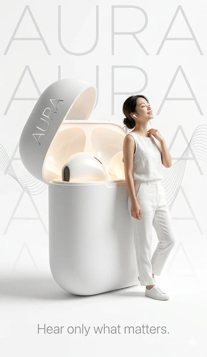 Woman in white enjoys music beside giant glowing earbud case