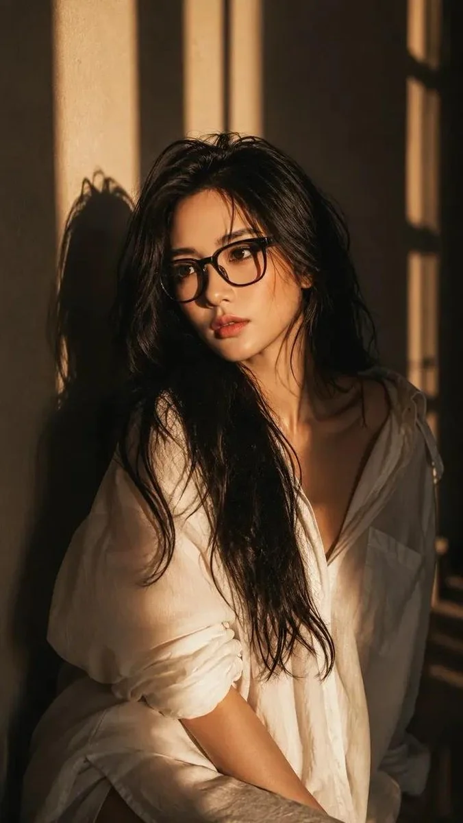 Woman in white shirt gazes through warm golden window light