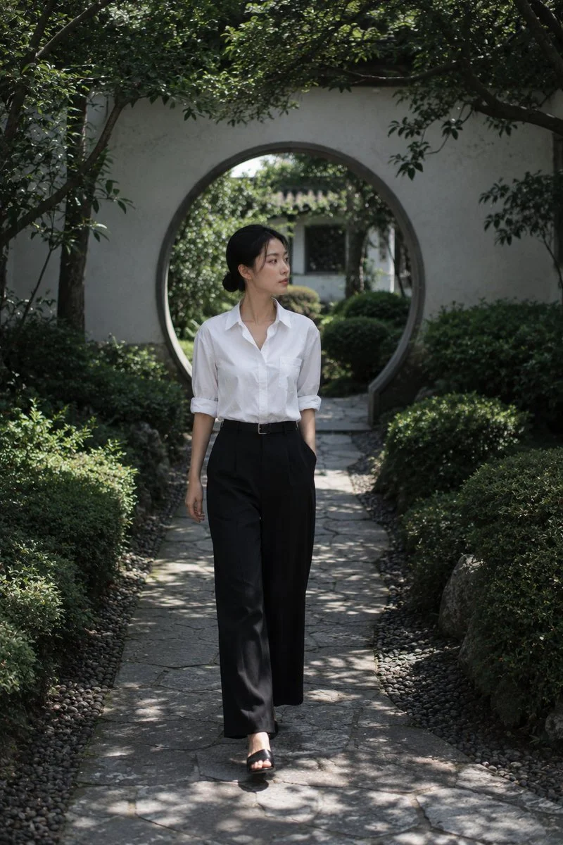 Woman in white shirt walks ancient garden path toward moon gate