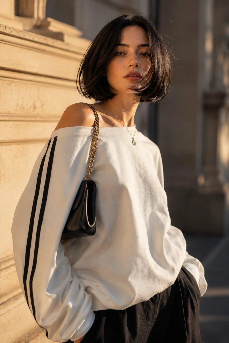 Woman in white sweatshirt gazes upward in golden sunlight