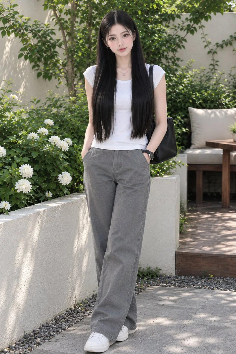 Woman in White Top Stands in Sunlit Garden Courtyard Setting