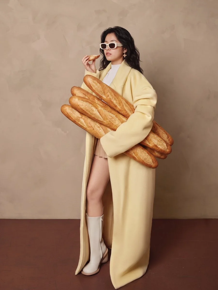 Woman in yellow coat sneaks baguettes into beige studio at night