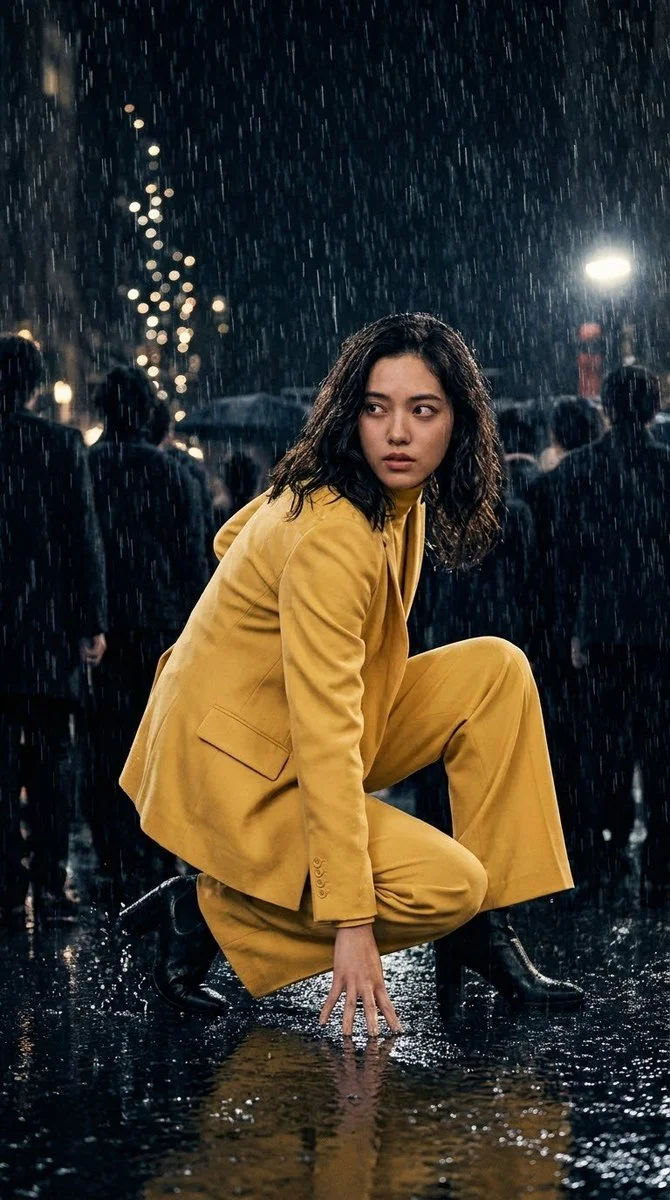 Woman in Yellow Suit Stands Firm Amid Rainy Night Crowd