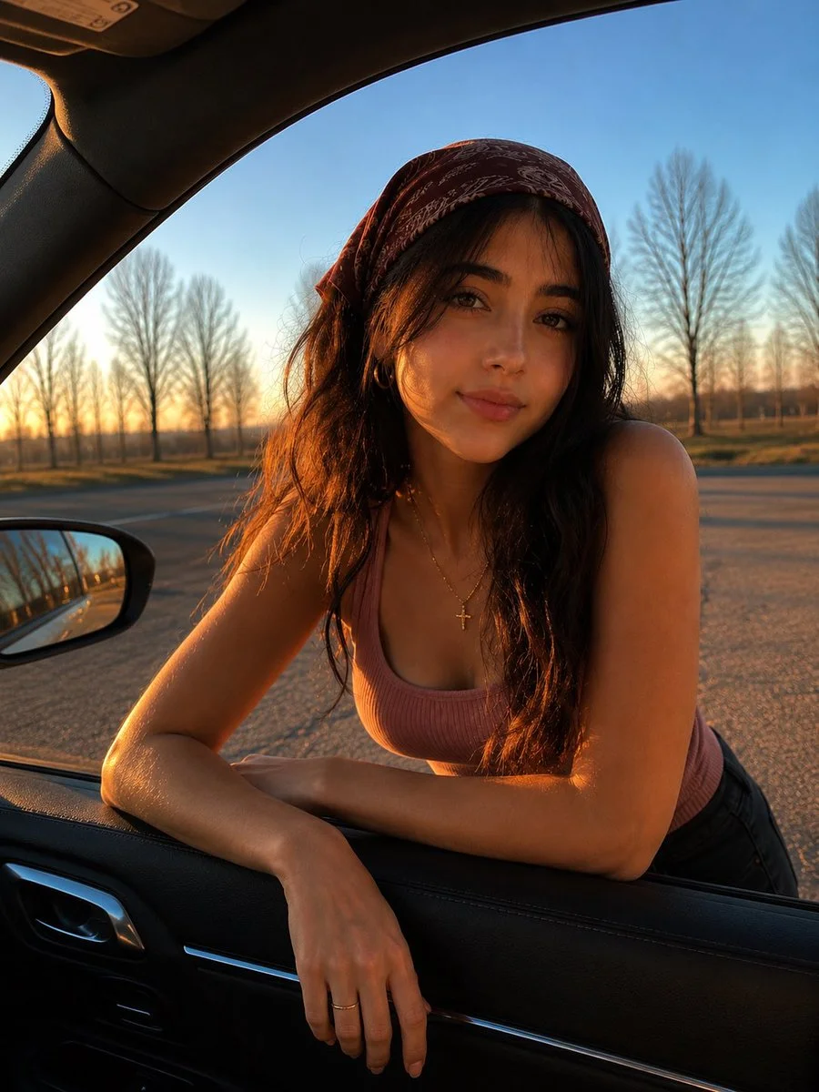 Woman leaning from car glows in warm sunset light