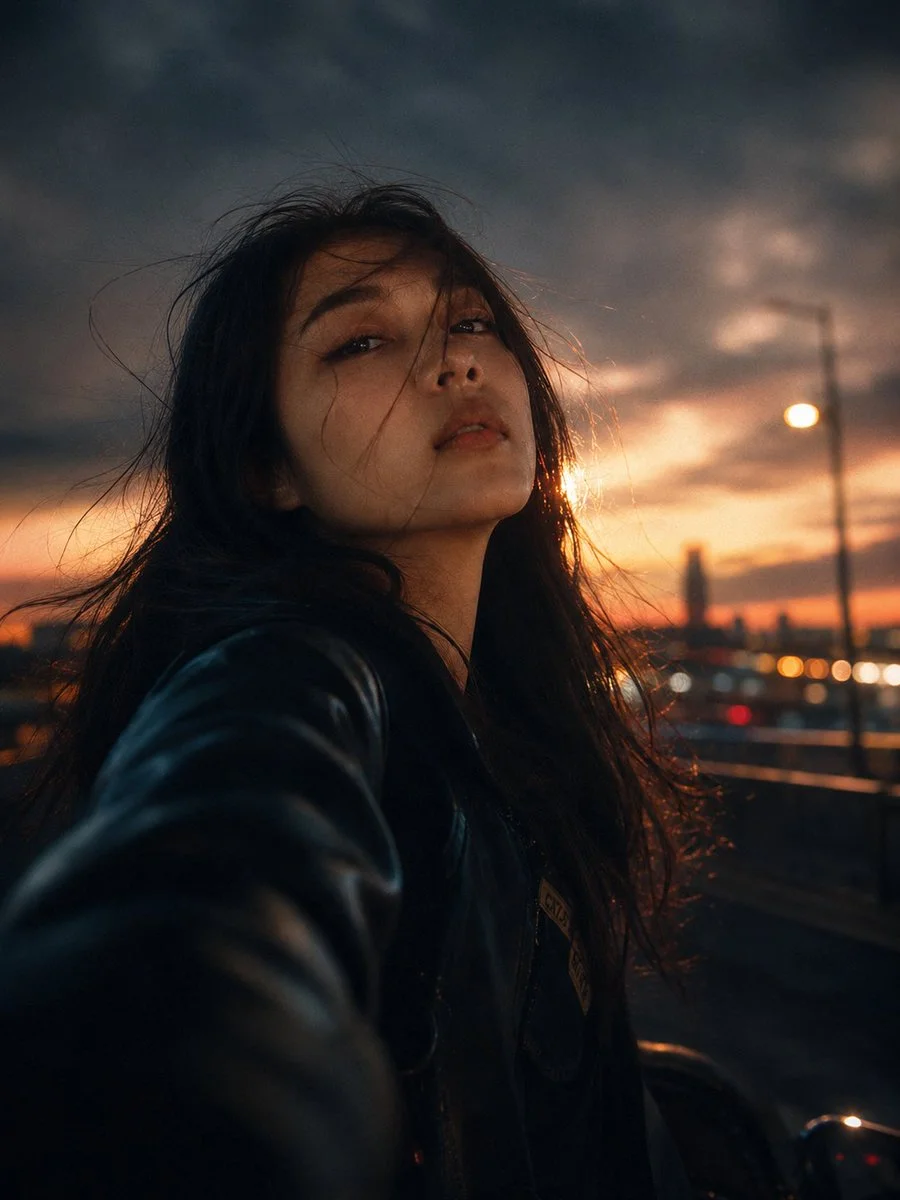 Woman leans from moving car at night with city lights blurring
