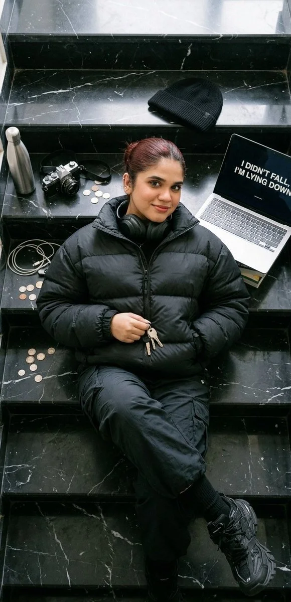 Woman lies across black marble steps with open laptop