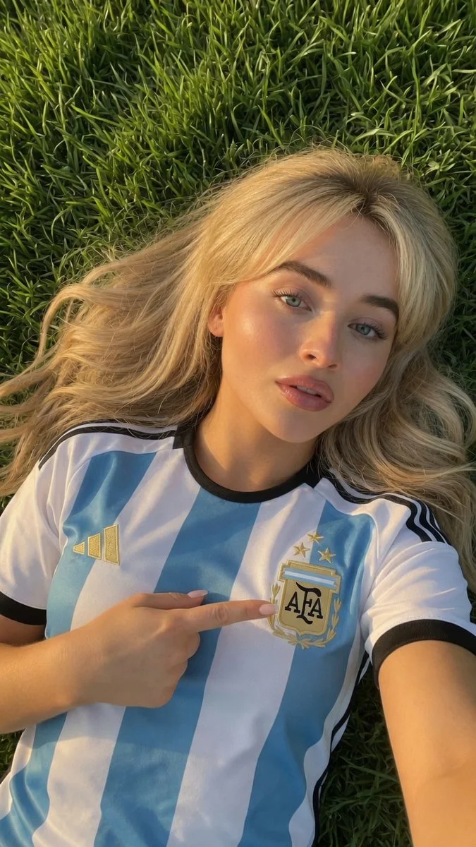 Woman lies on grass wearing England kit and points to badge