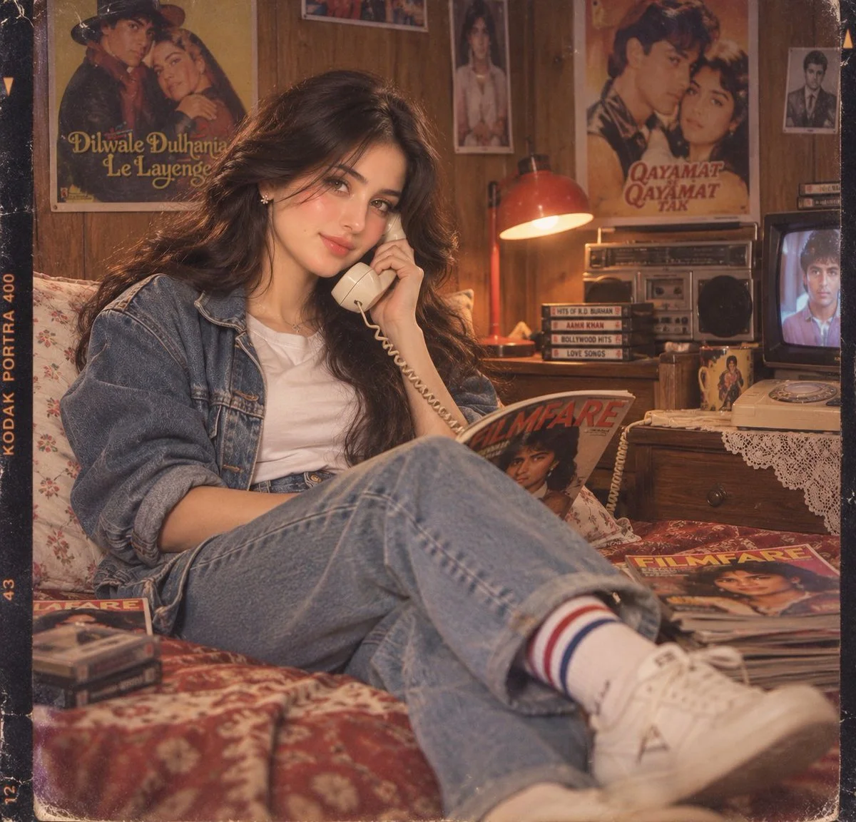 Woman Lounging in 80s Bollywood Bedroom with Landline Phone and Magazine