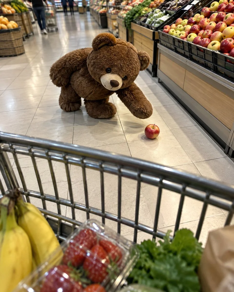 Woman lunges sideways as apples escape from supermarket cart.