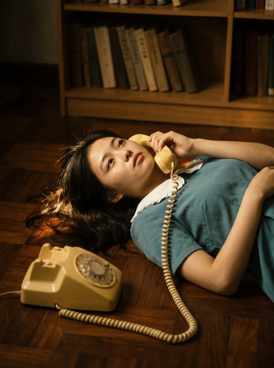 Woman on vintage parquet floor holds rotary phone receiver