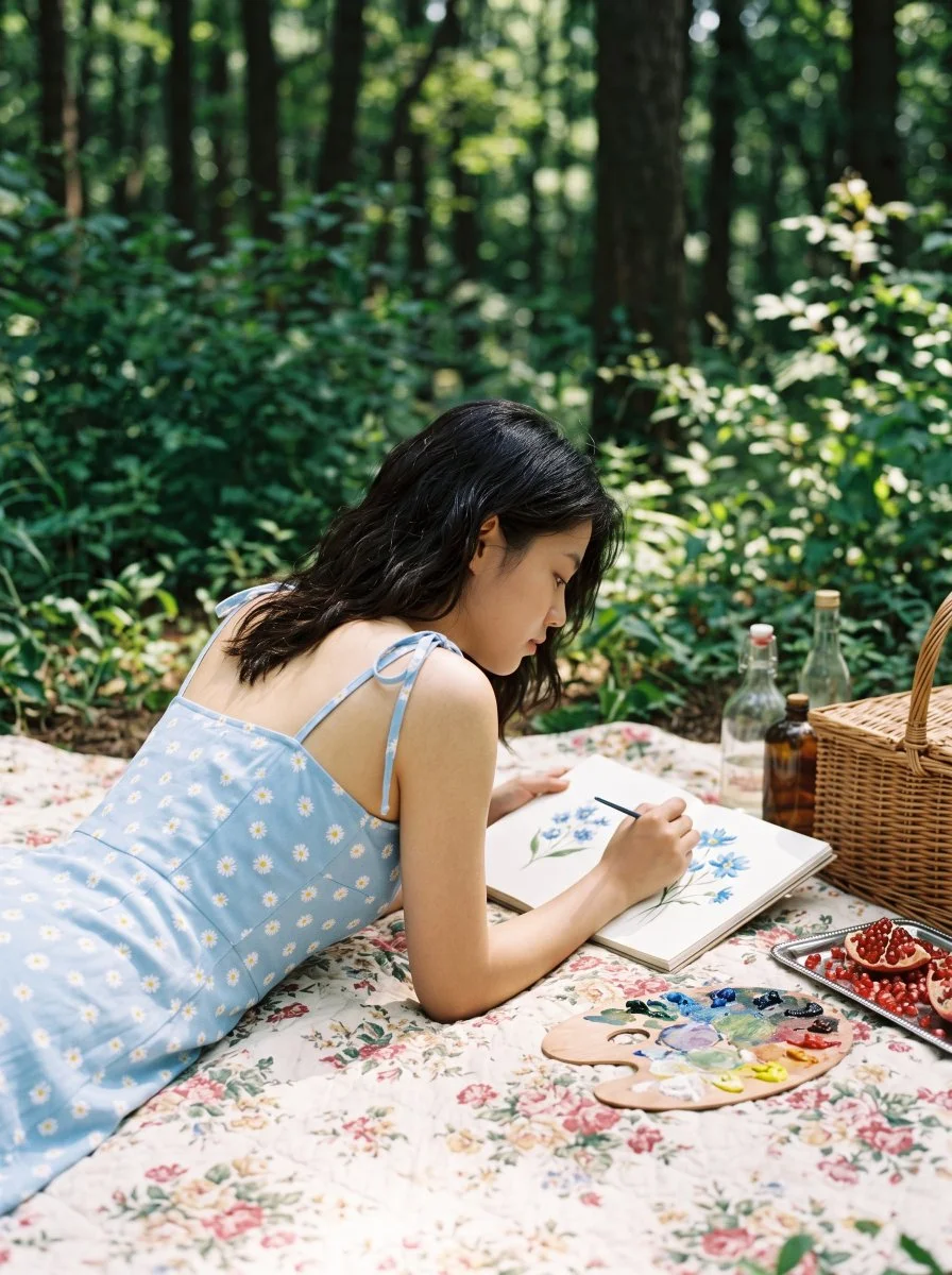 Woman painting on picnic quilt in sunlit forest clearing