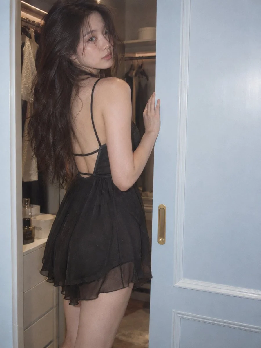 Woman Pauses in Dressing Room, Back Turned to Camera