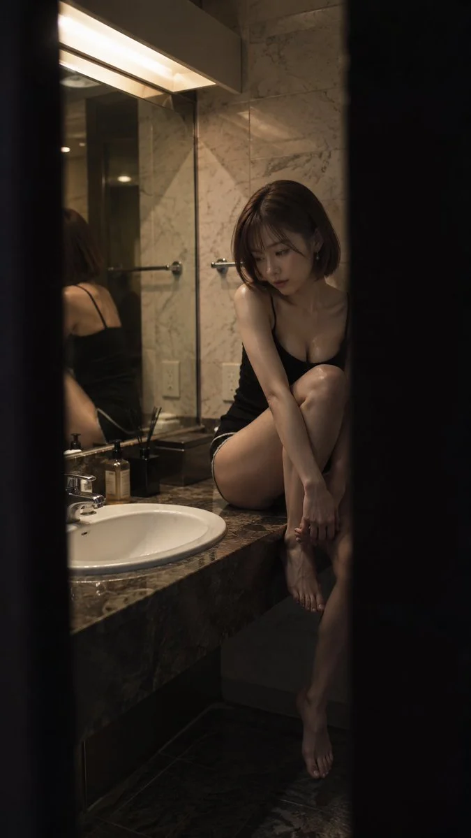 Woman perches on marble counter in dimly lit bathroom, cinematic