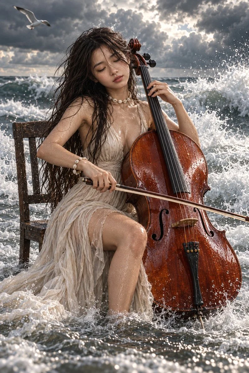 Woman Plays Cello in Surf as Waves Crash Behind Her