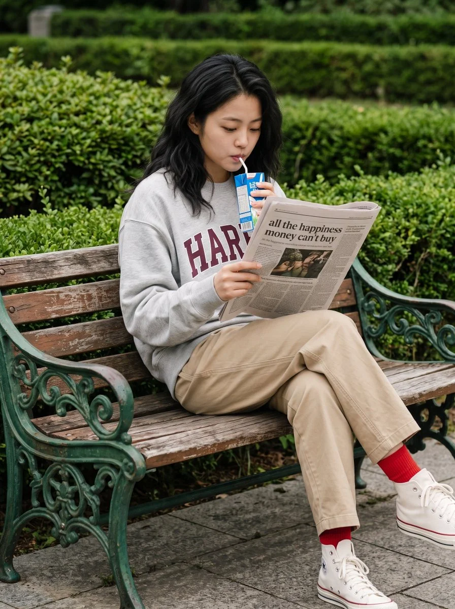 Woman Relaxes on Vintage Bench Pretending to Read Newspaper Alone