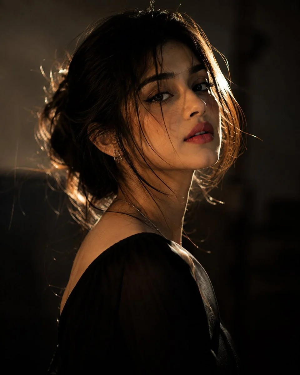 Woman's backlit profile glows with halo of stray hairs