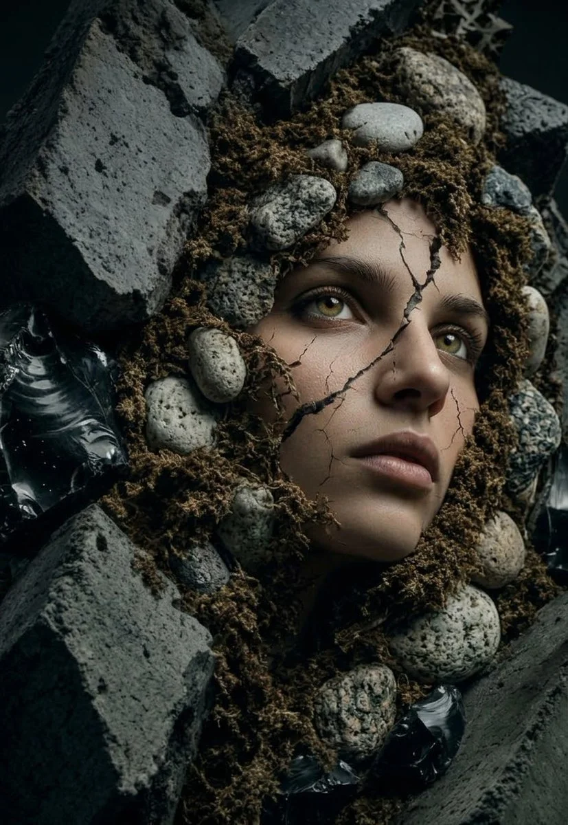 Woman's face emerges from concrete and obsidian in dark fantasy portrait