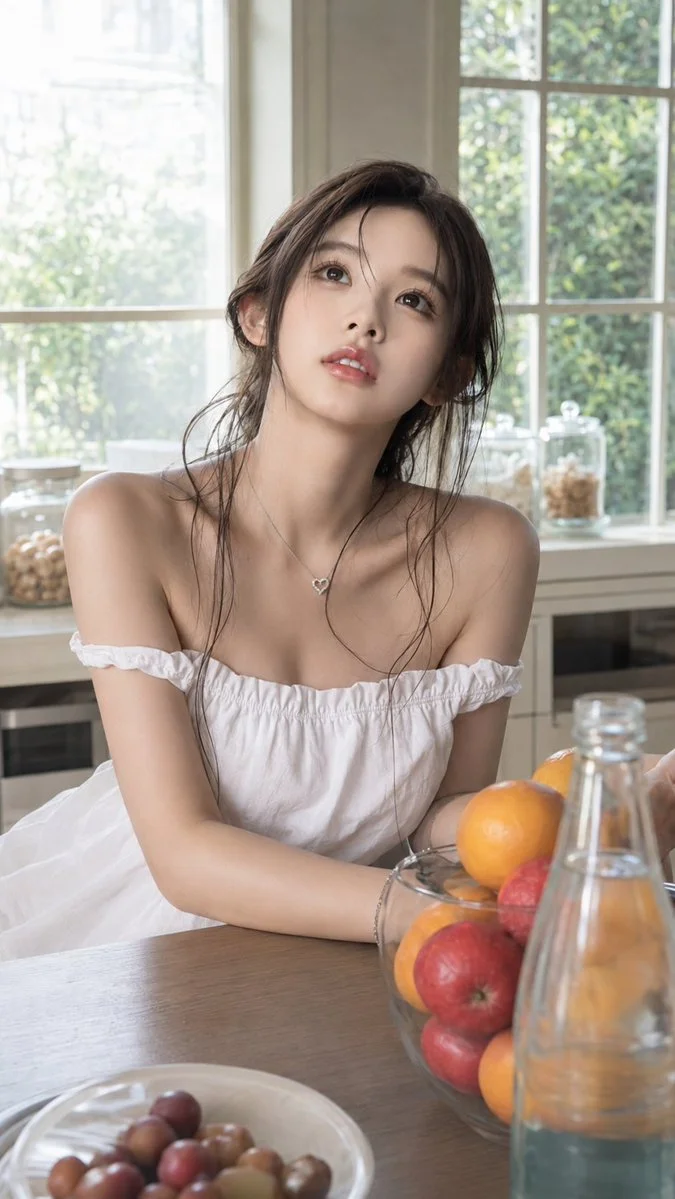 Woman sits at kitchen table with soft window light