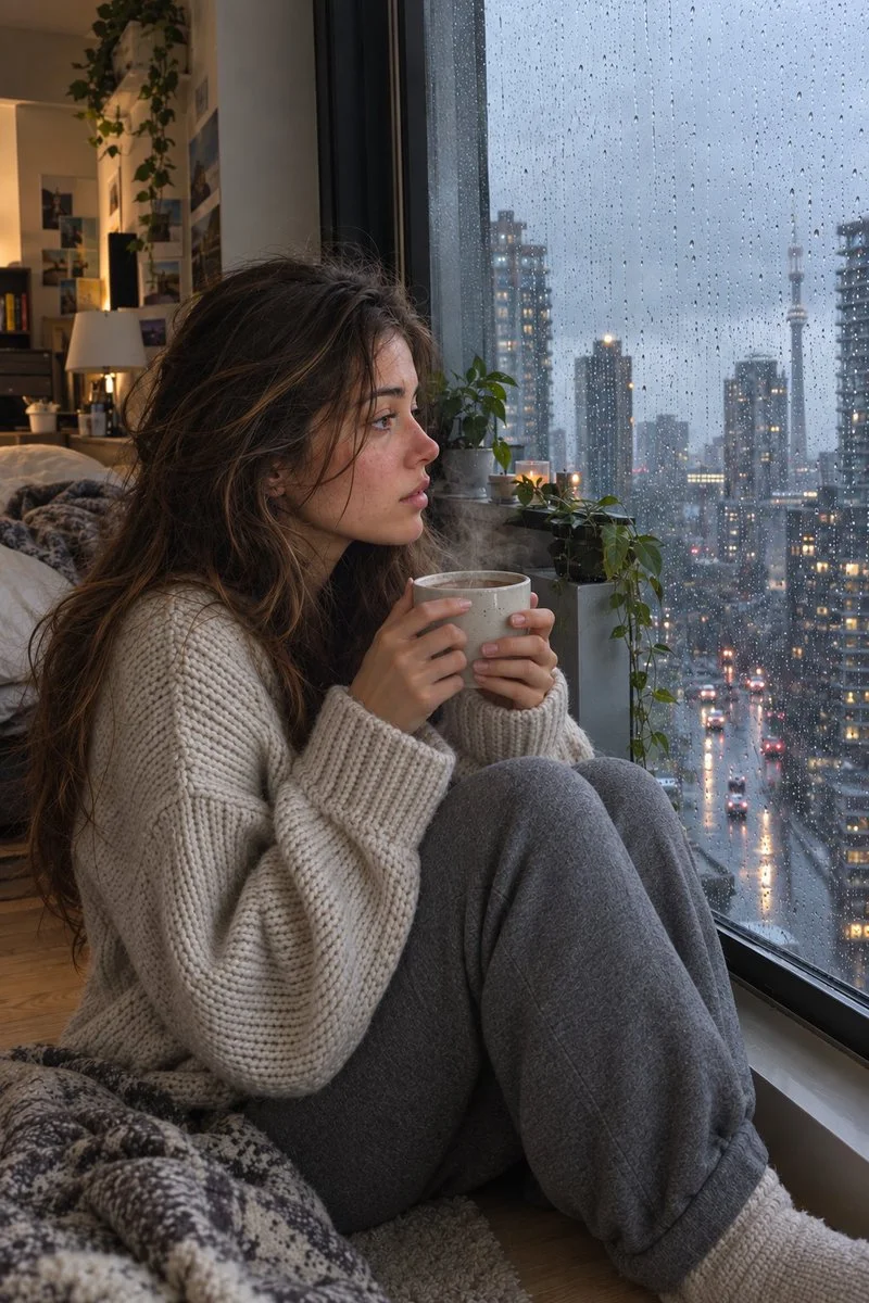 Woman sits by rain-covered window holding steaming mug on rainy morning