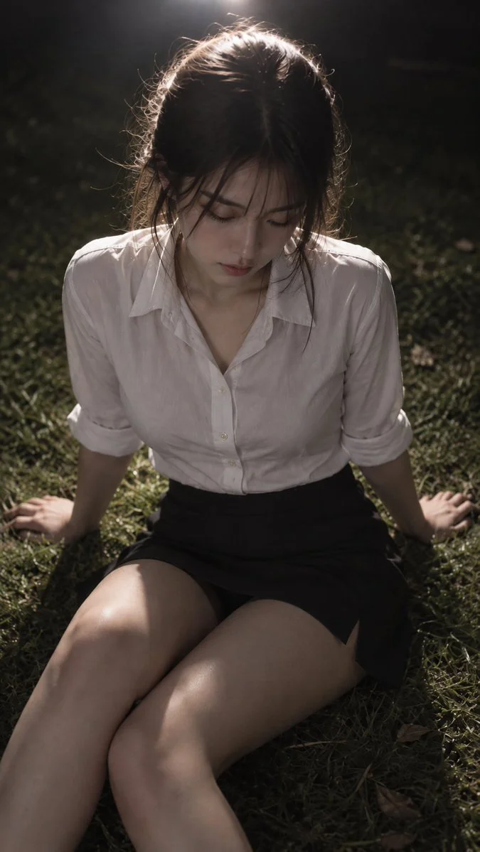 Woman sits on grass with glowing halo in moody portrait