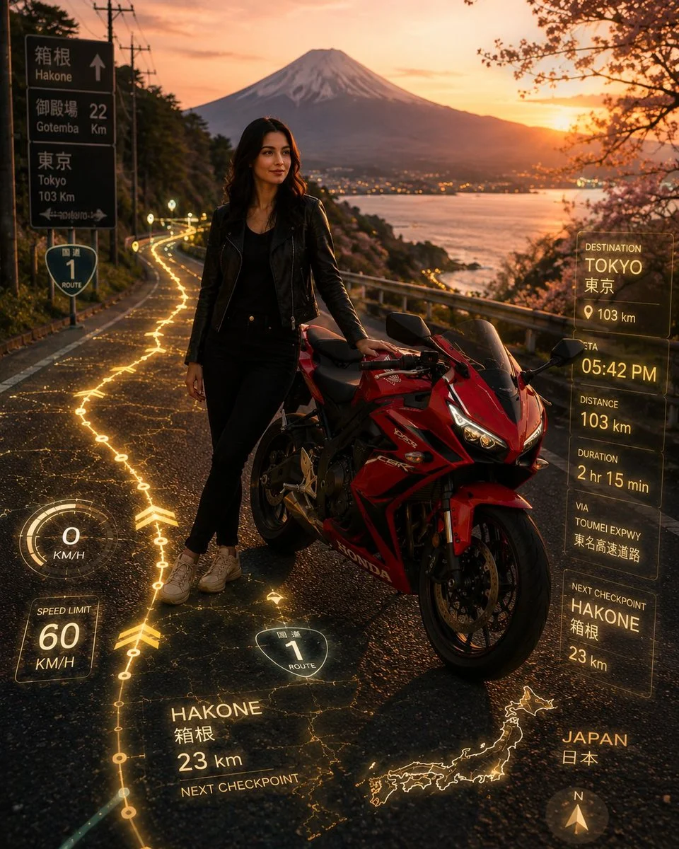 Woman stands beside red sports bike on Hakone mountain road