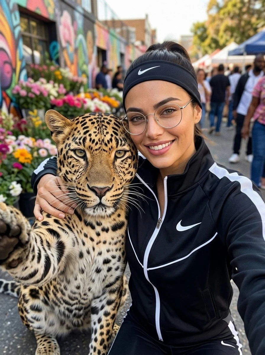Woman takes a selfie with a regal leopard in a vibrant market