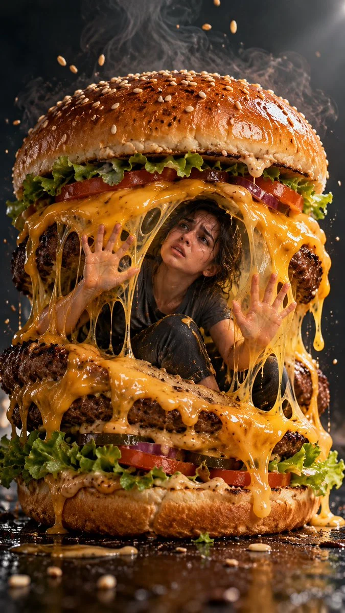 Woman trapped inside giant cheeseburger with melting cheese prison
