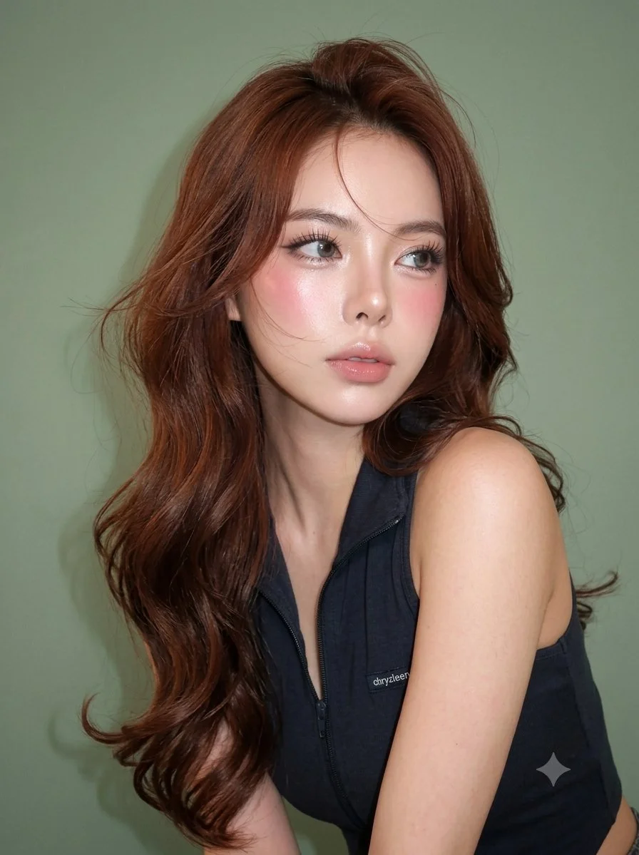 Woman with auburn waves gazes upward in soft studio light