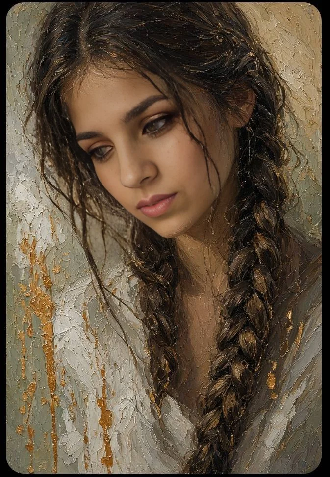 Woman with Braided Hair Rendered in Textured Palette Knife Oil Painting
