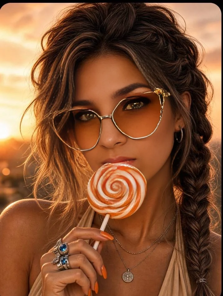 Woman with cat-eye sunglasses holds lollipop at golden hour