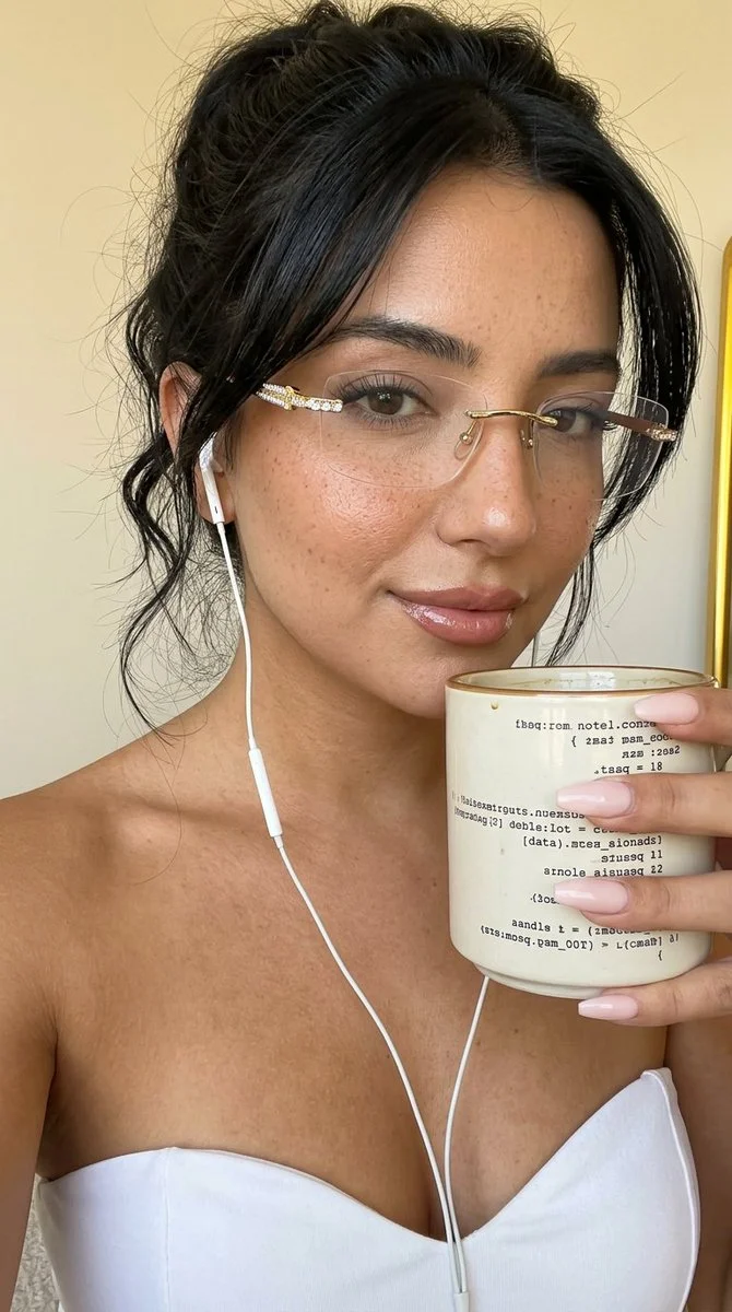 Woman with crystal-studded glasses holds glowing code mug