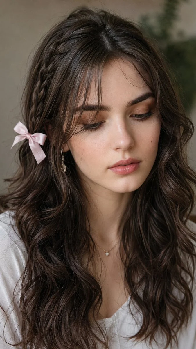 Woman with dark hair and braid looks down in soft light