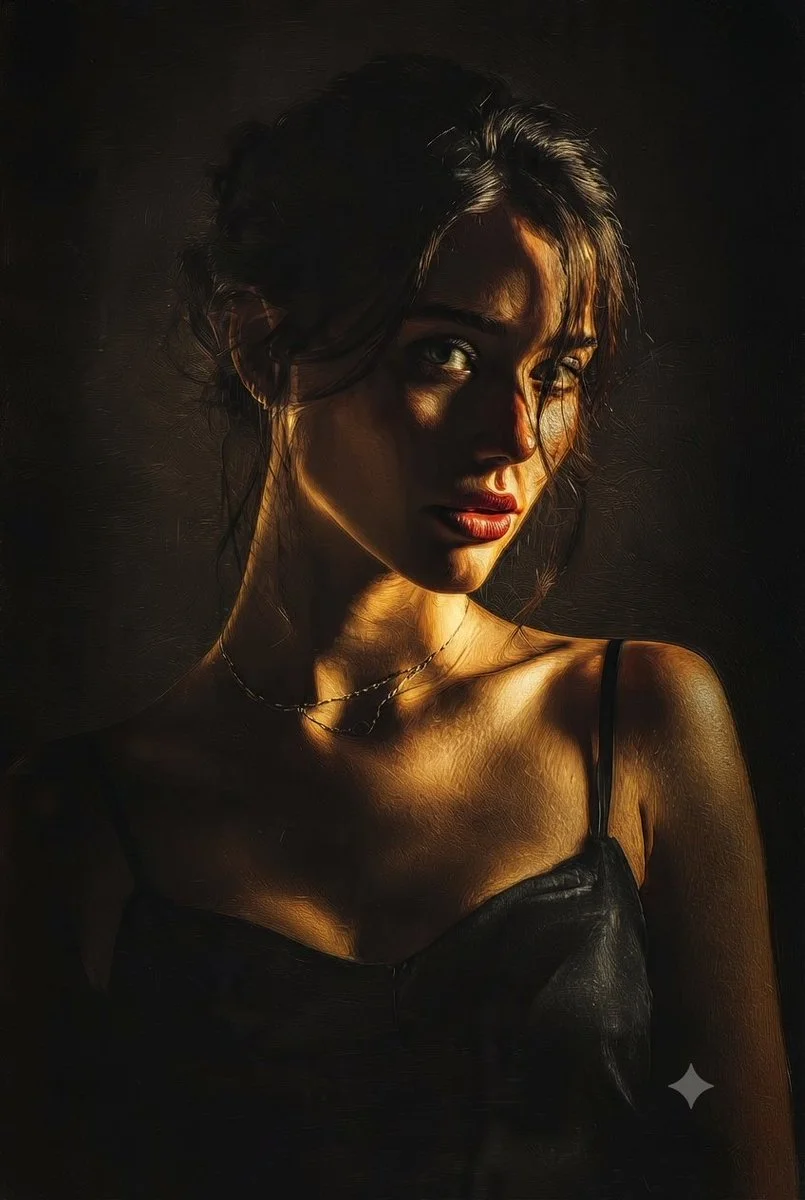 Woman with dark updo and red lips in golden light portrait