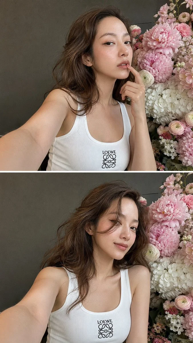 Woman with finger on lip holds flowers in dual selfie